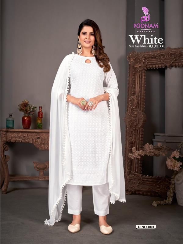 Poonam White rayon Fancy Kurti Pant With Dupatta Collection